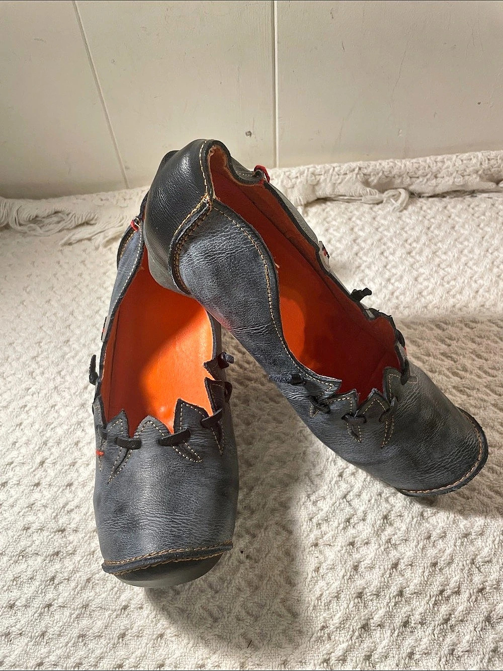 TMA MAiA Blue-Grey Leather Witch Style Low Heels - Size 42 (US 10-10.5)